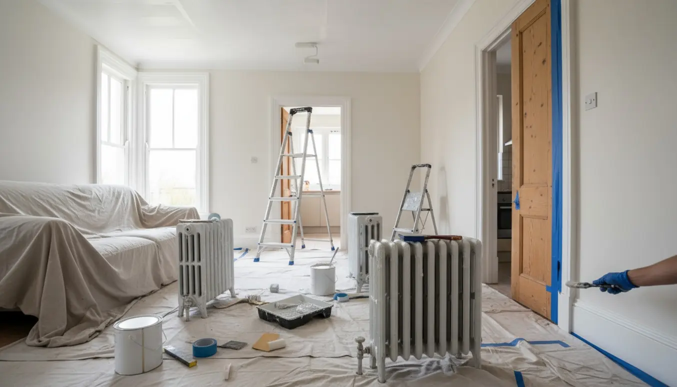 Indendørs billede af en lejlighed under maling med loft, vægge, paneler, dør og radiatorer i arbejde.