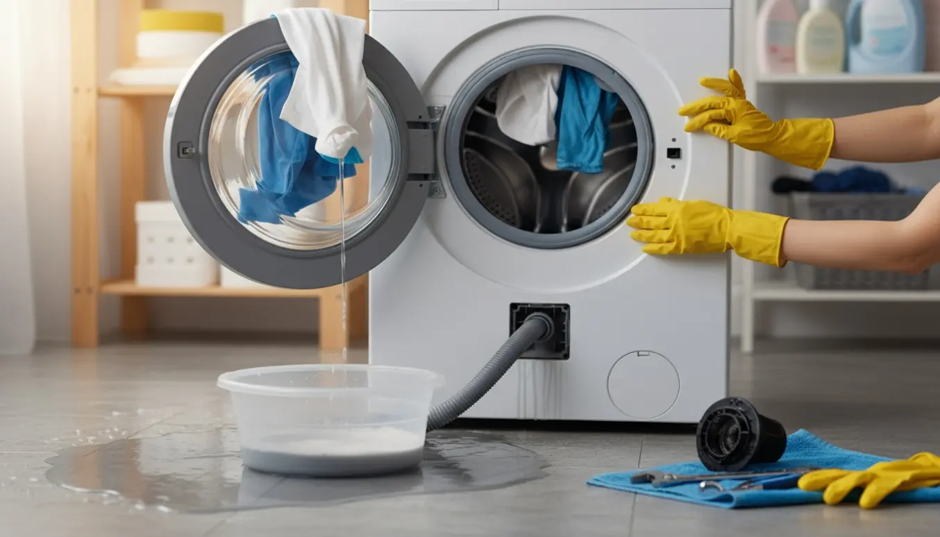 Vaskemaskine står med åben luge og vand på gulvet, værktøj og spand til opsamling af lækagen.