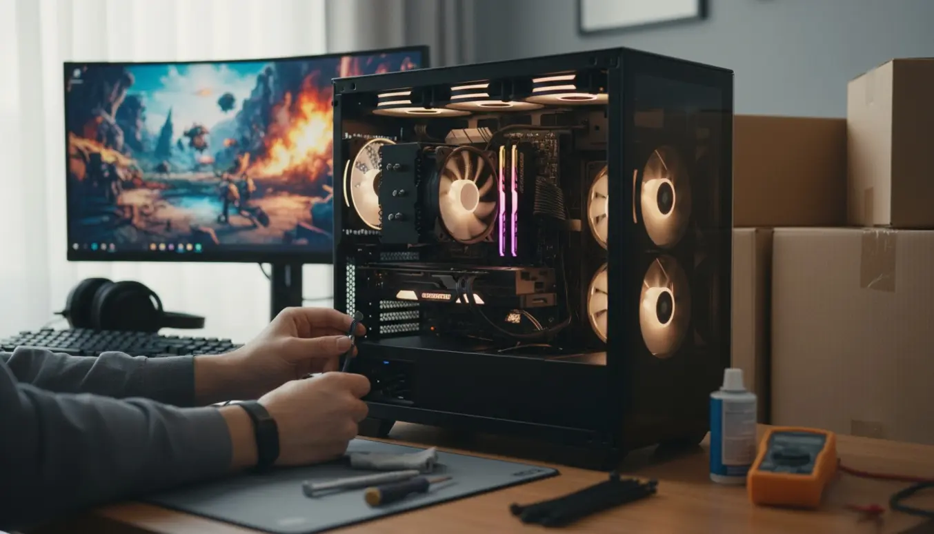 Åben stationær gaming-pc på skrivebord med hænder, værktøj og flyttekasser i baggrunden.