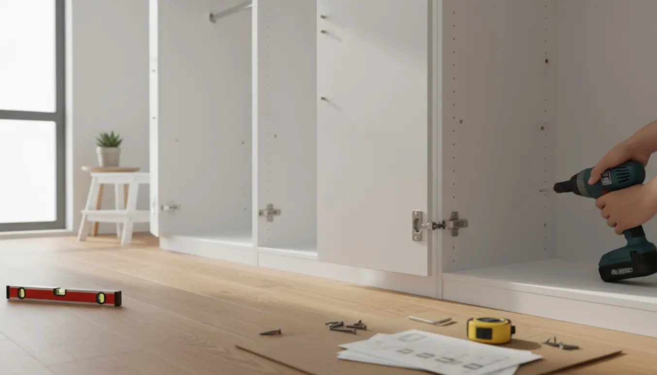 Nærbillede af hænder, der samler et hvidt garderobeskab i et lyst værelse med værktøj og dele spredt på gulvet.