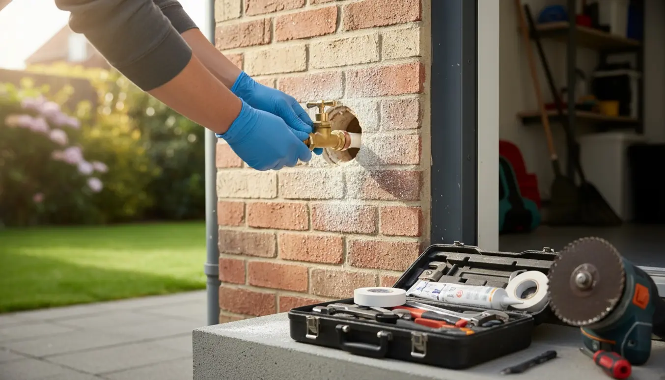 Nærbillede af montering af udendørs vandhane gennem en væg med værktøj ved siden af.