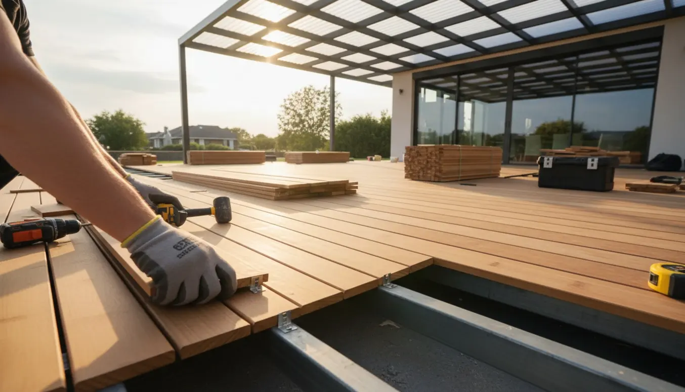 Montering af bambus terrassebrædder på stålramme med skjulte clips og tagplader under montage.