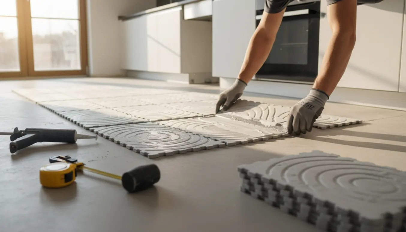 Handsker, der limer og lægger gulvvarmeplader i et lyst køkken.