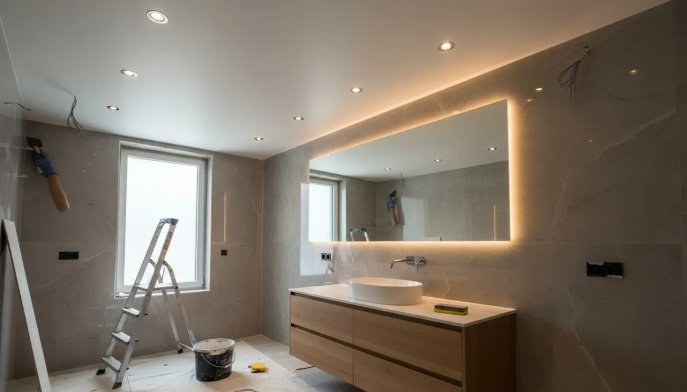 Badeværelse under renovering med et glat nedsænket loft og indbyggede LED-spots.