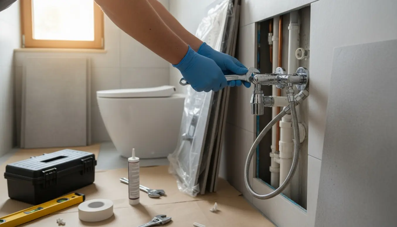 Glæde ved renovering: håndværker monterer nye vandtilslutninger til vask og brusepanel i et lyst badeværelse.