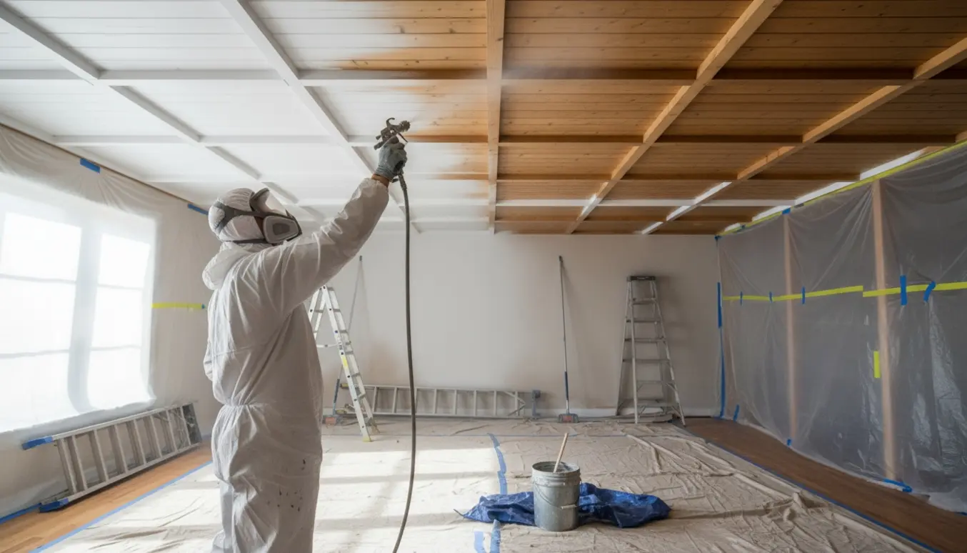 En maler sprøjtemaler et træliste-loft hvidt i et lyst rum med afdækningsmaterialer.