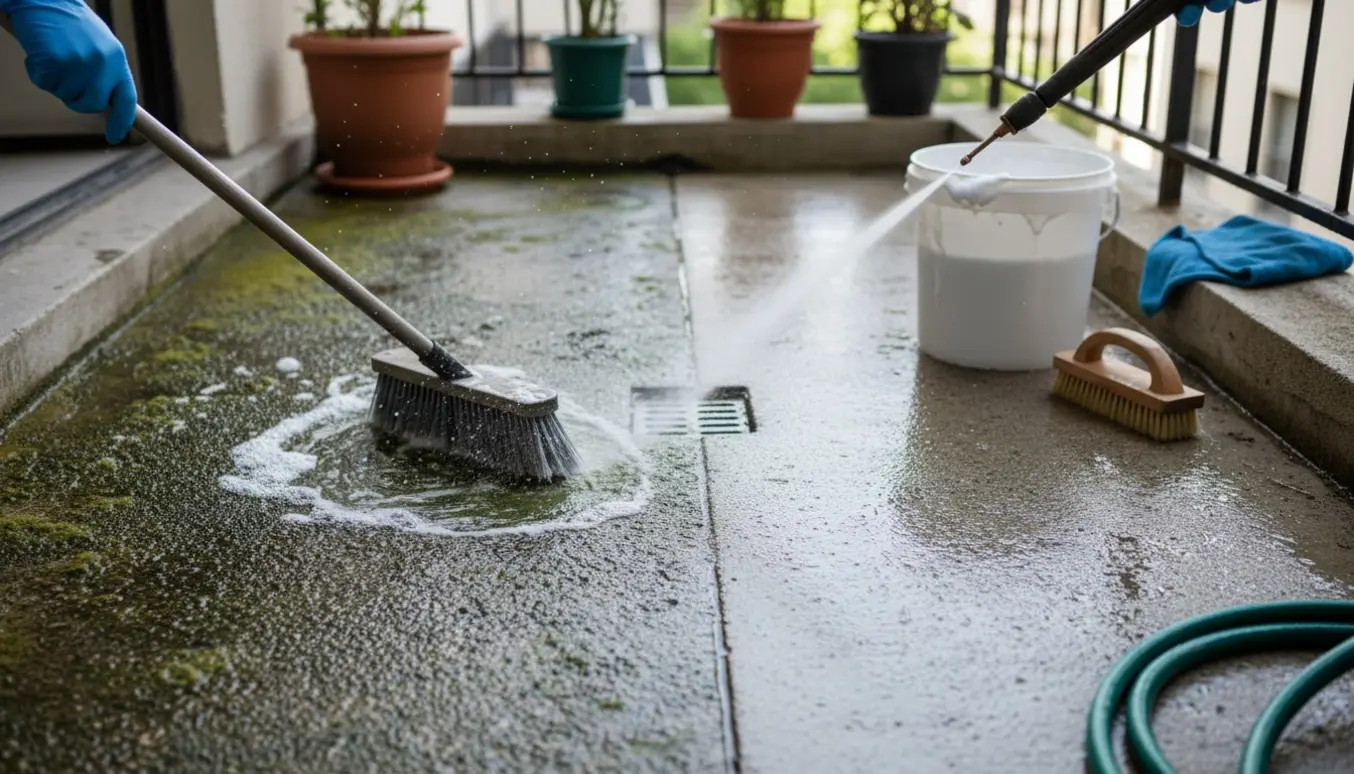 Altangulv i beton renses for alger, med synligt før-og-efter-resultat.