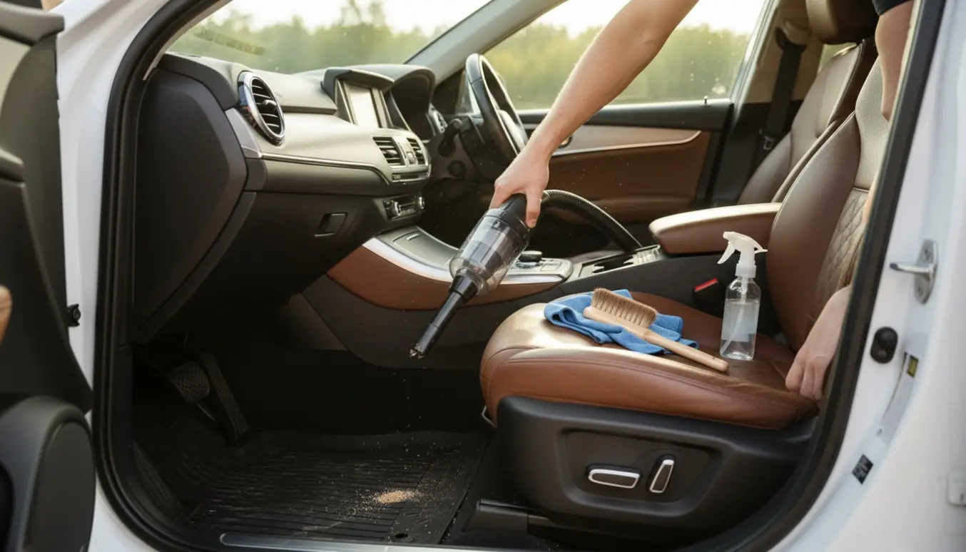 Hænder rengør bilens indre med en støvsuger og mikrofiberklud i sollys.