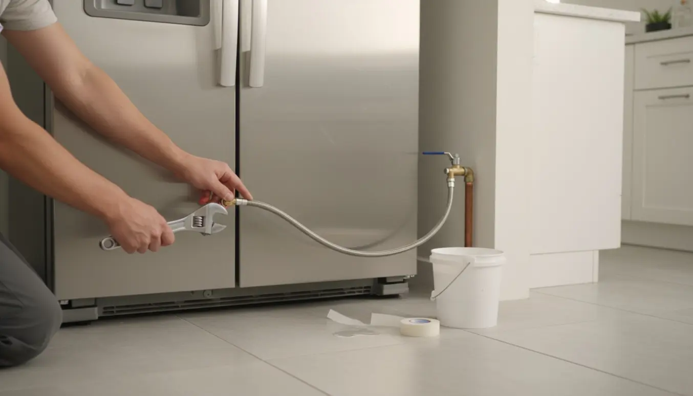Nærbillede af hænder, der tilslutter et fleksibelt vandrør til et amerikansk køleskab i et lyst køkken.