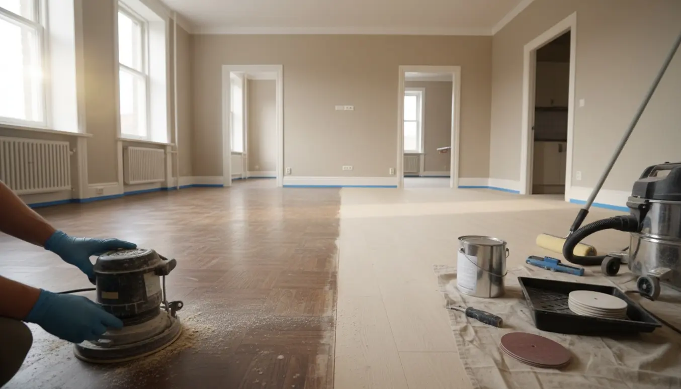 Delvist slebet trægulv i lejlighed med lakdåse og værktøj til gulvafslibning.