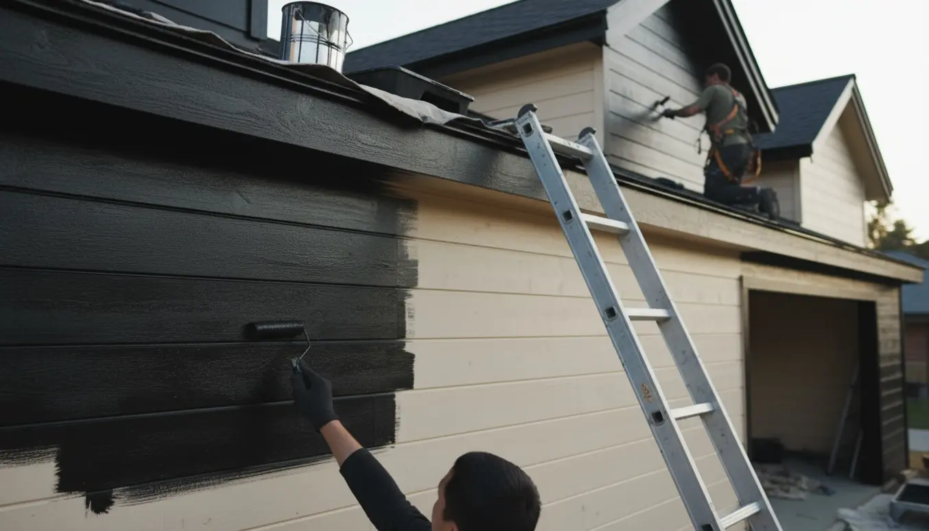 Udvendig træbeklædning males sort med skydestige og rulle, uden synlige ansigter.