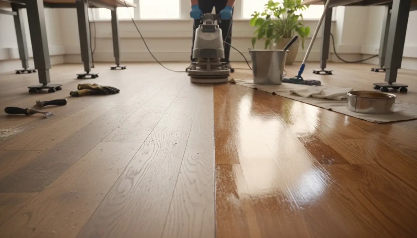 Kontortrægulv under dybderens og oliebehandling med rengøringsmaskine og materialer i baggrunden.