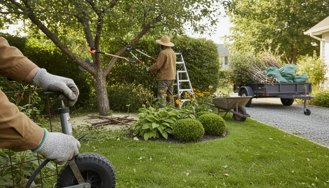 En havemand pumper gummihjulet på en port i forgrunden, mens beskårne buske og en trailer fuld af haveaffald står klar i en lille have.