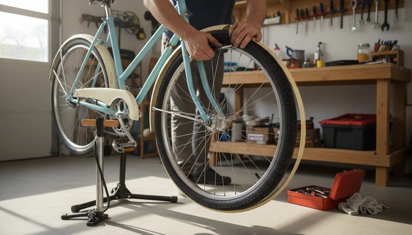 Ældre damecykel på garagebænk fås nyt hjul, dæk og slange med værktøj omkring.