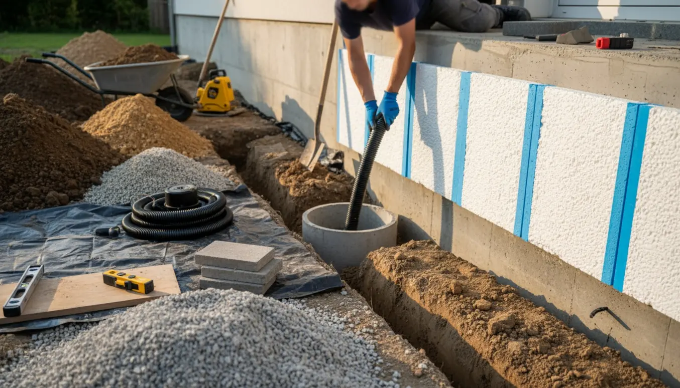 Udgravning ved kældervæg med isoleringsplader, drænrør, jord- og grusbunker klar til belægning.