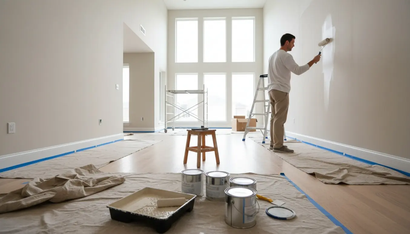 En professionel maler maler væggen i et lyst, tomt hus med stige, malerbøtter og afdækningsduge.
