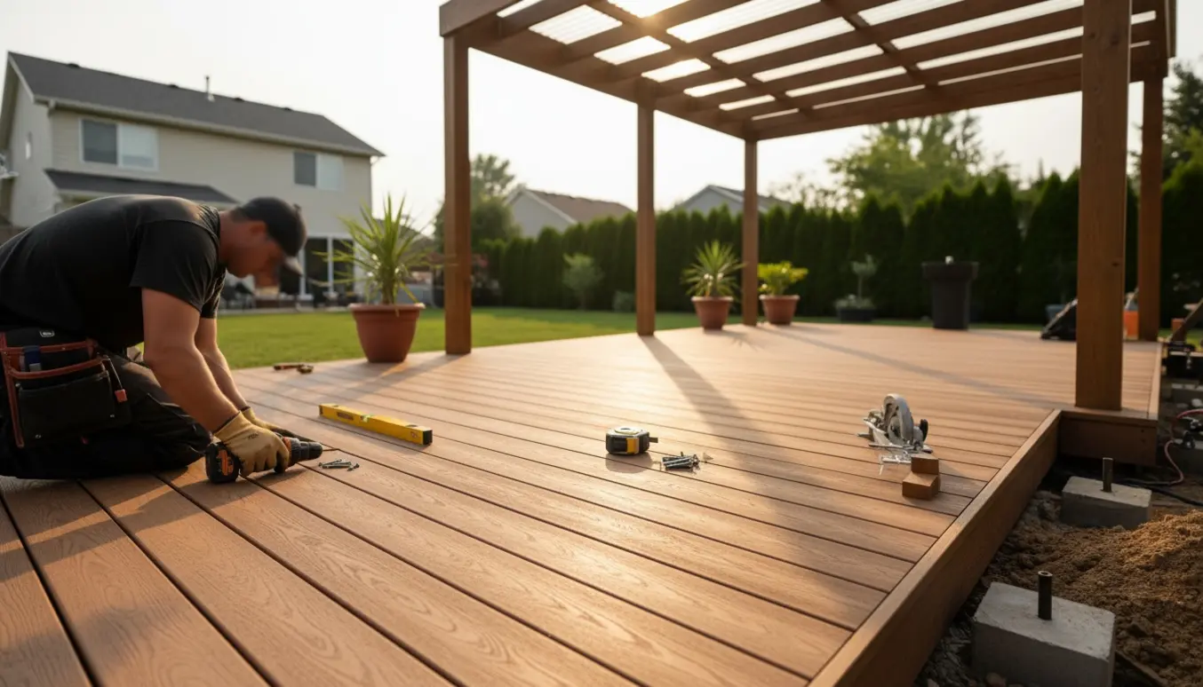 Nylagt træterrasse med overdækning i baghave, håndværker arbejder med kompositbrædder.