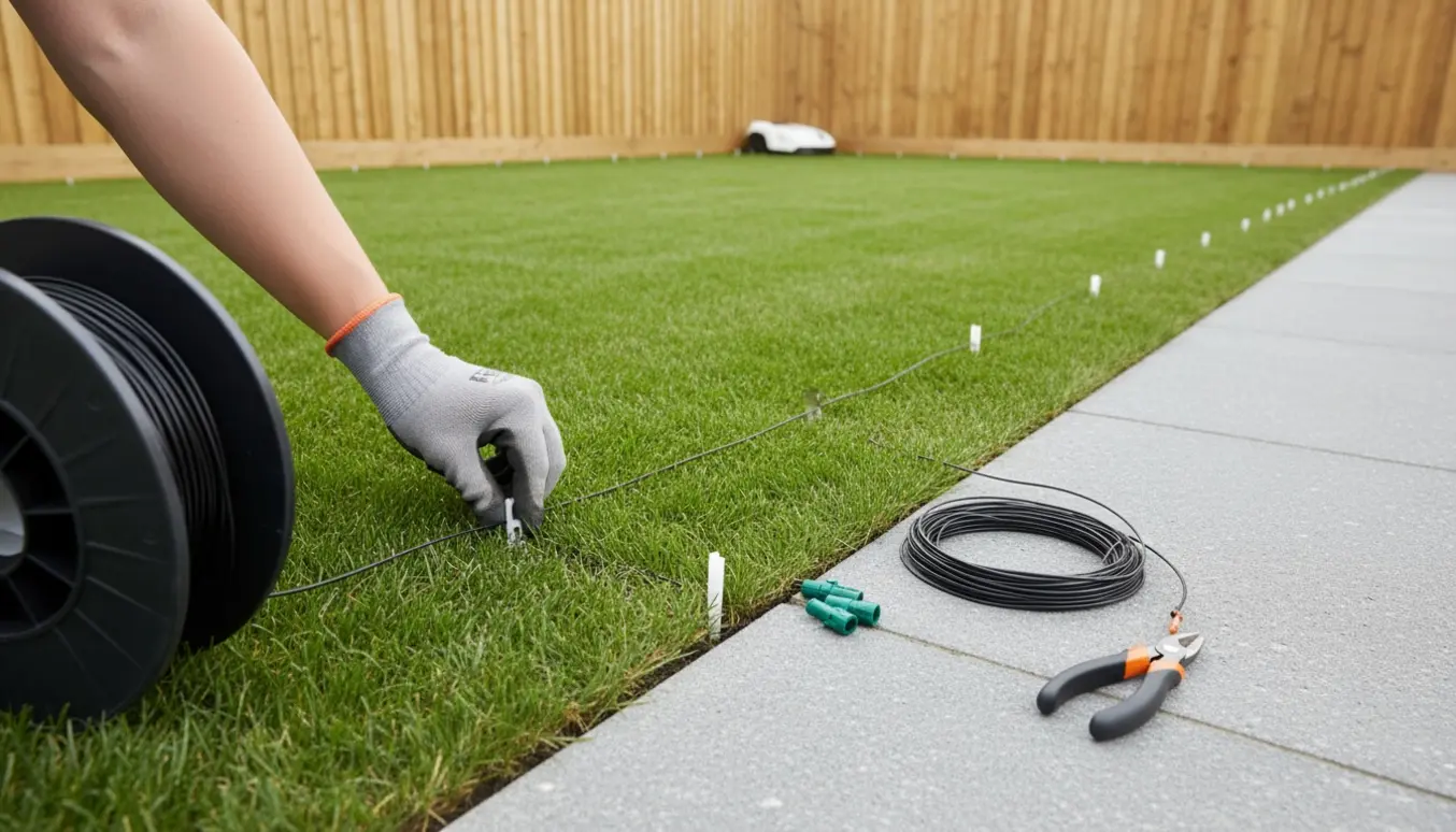 Hænder lægger kanttråd langs kanten af en kvadratisk græsplæne ved robotplæneklipperens ladebase.