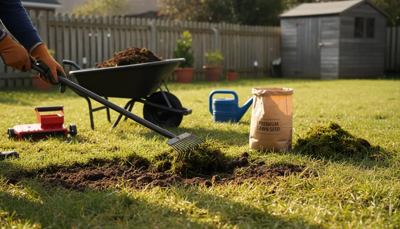 Nærbillede af hænder, der fjerner mos fra en lille baghavegræsplæne med rive og græsfrø klar til såning.