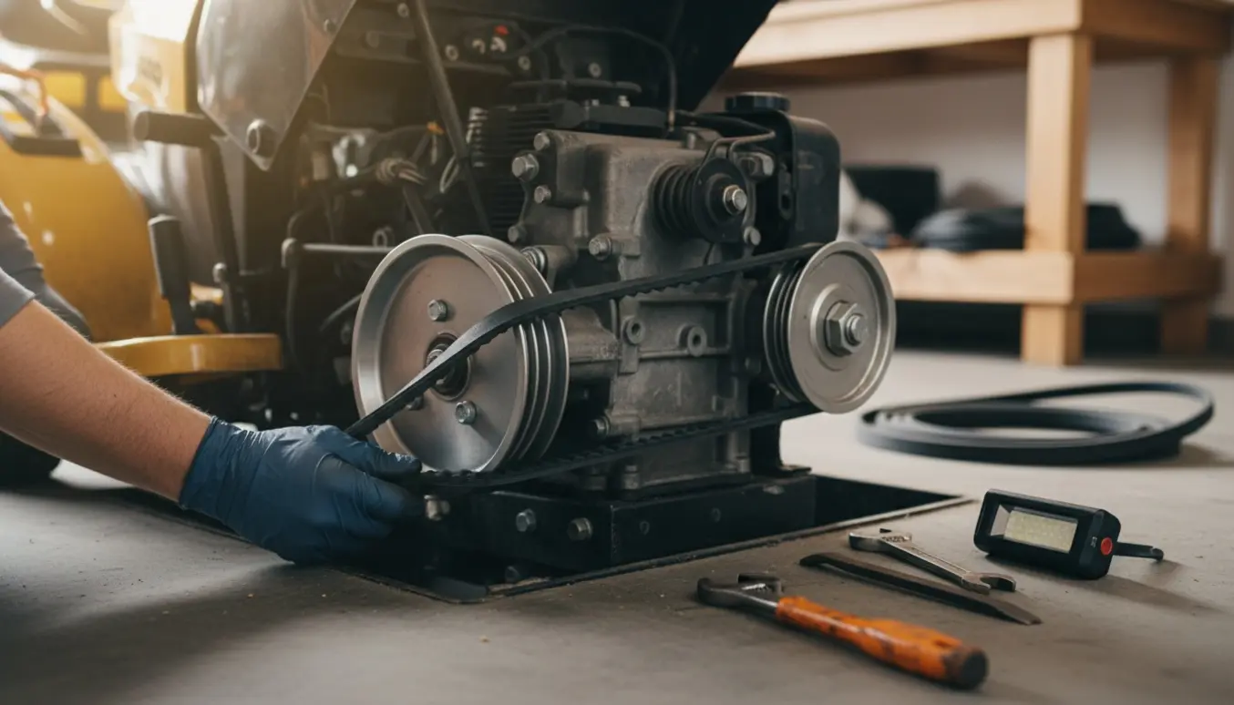 Nærbillede af hænder, der monterer en ny kilerem på en havetraktor med åben motorhjelm.