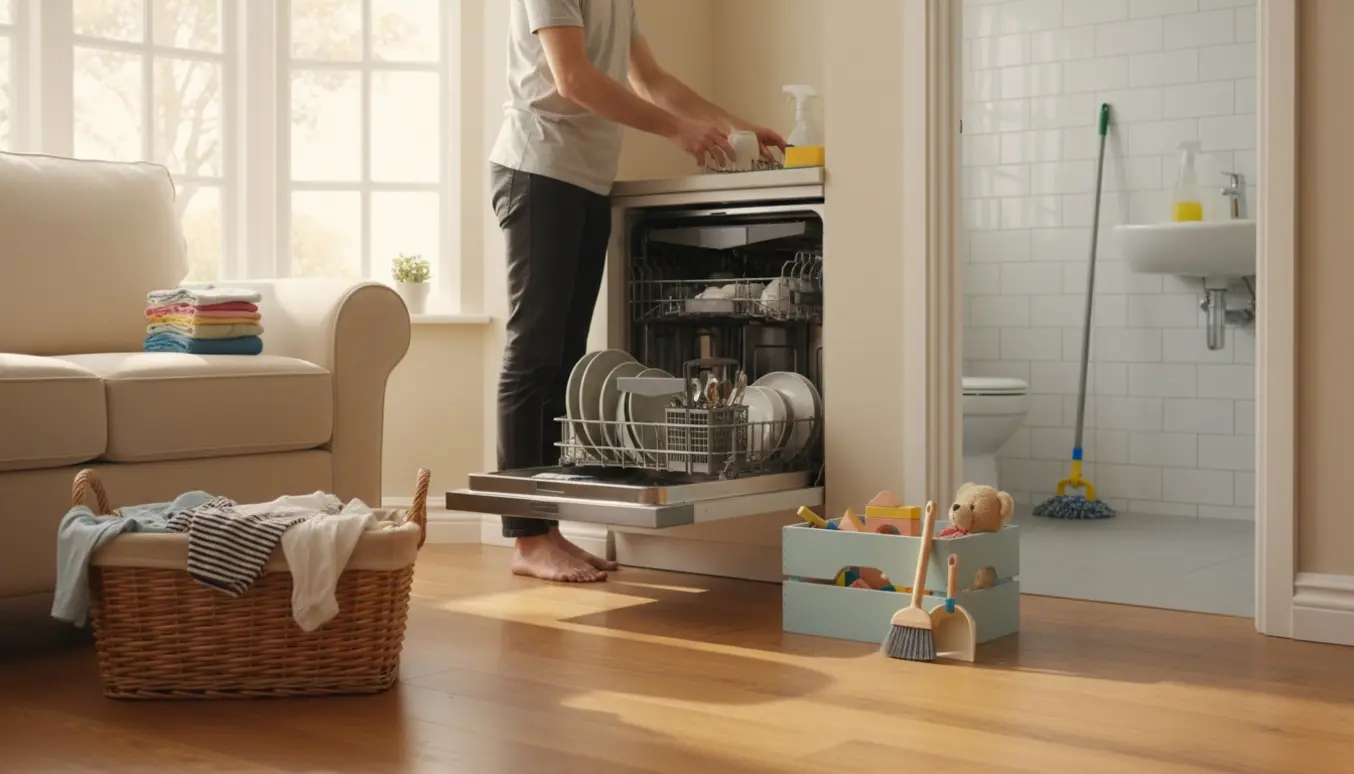 Lyst hjem under rengøring med en person der fylder opvaskemaskinen, en kurv med foldet tøj og en legetøjskasse i forgrunden.