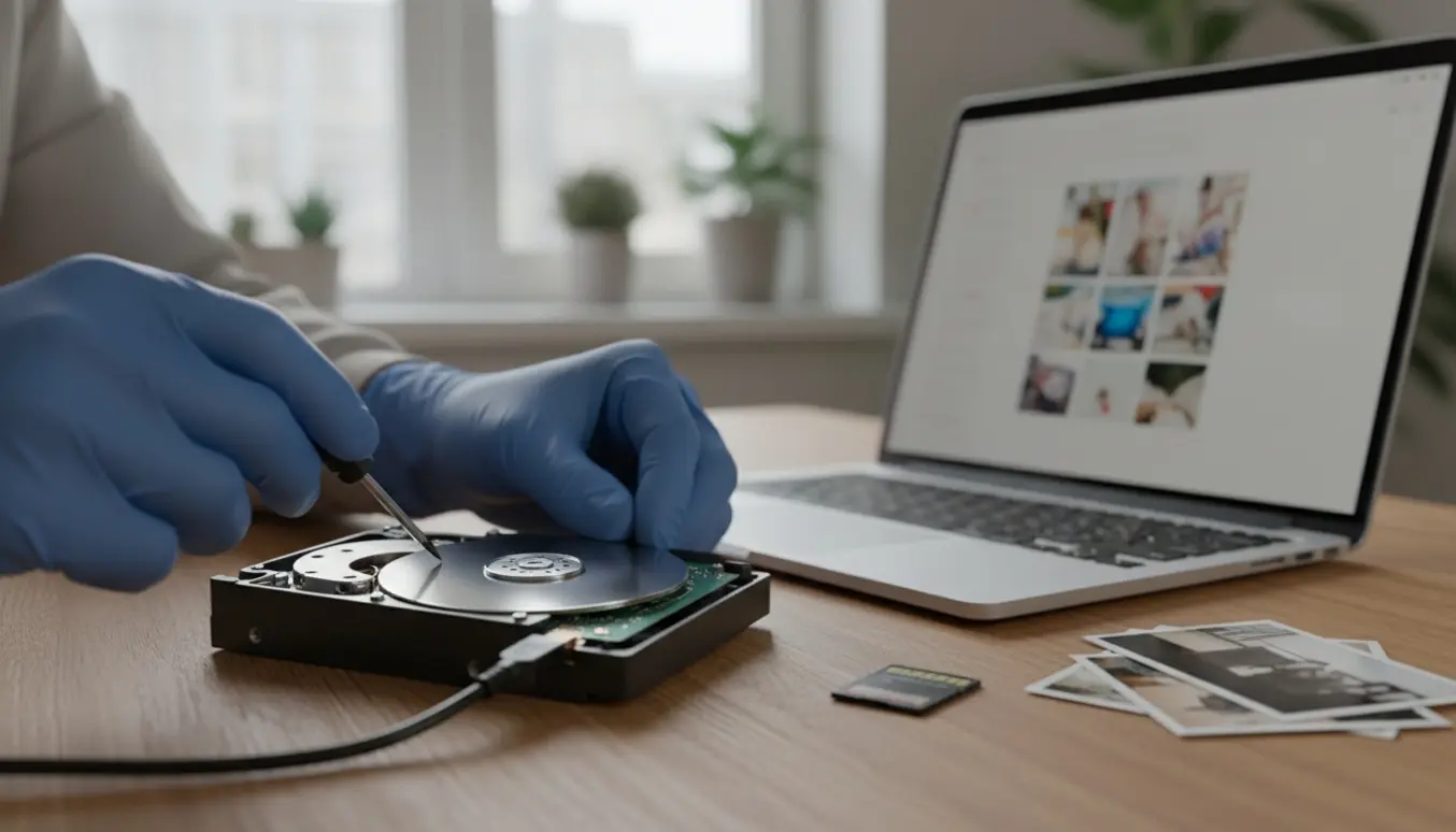Hænder i handsker åbner en ødelagt ekstern harddisk på et skrivebord med en bærbar og udprintede fotos.