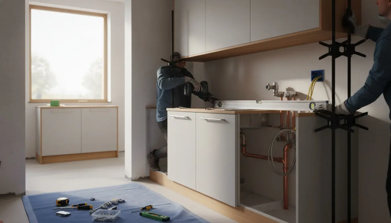 Håndværkerhænder monterer et moderne skandinavisk køkken med synlige VVS- og elinstallationer i et nyrenoveret hus.