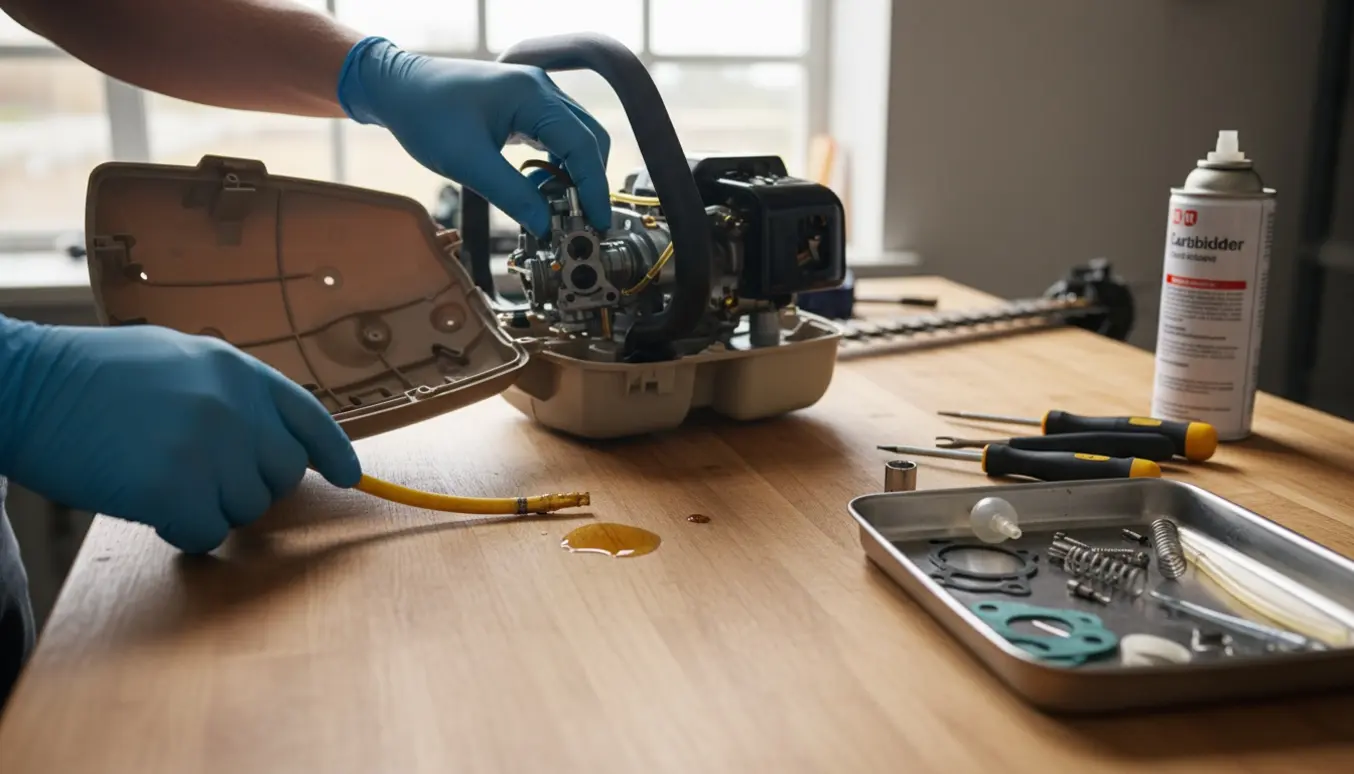 Nærbillede af en hækkeklipper på arbejdsbord, hvor hænder skifter brændstofslange og reparerer karburatoren.