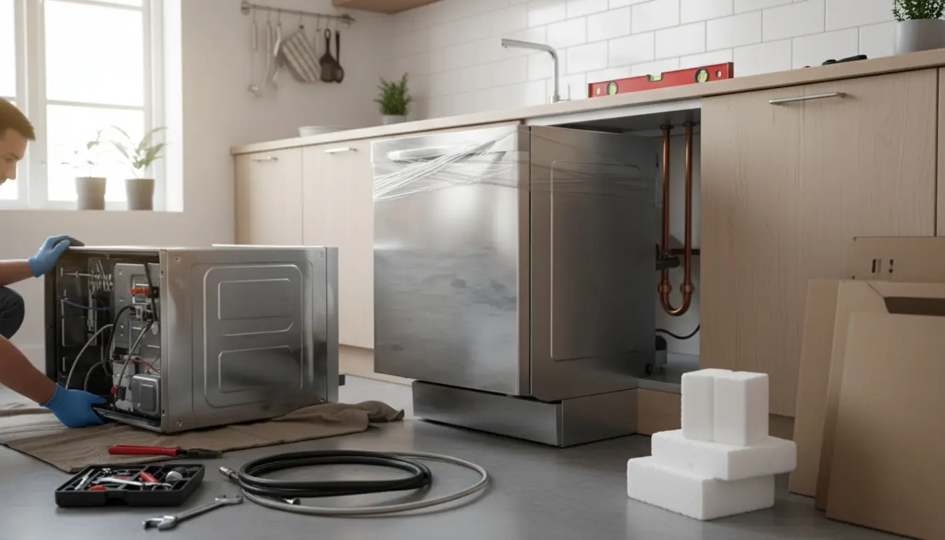 Ny opvaskemaskine uden logo bliver installeret i et lyst, skandinavisk køkken med værktøj og blottede vandtilslutninger.