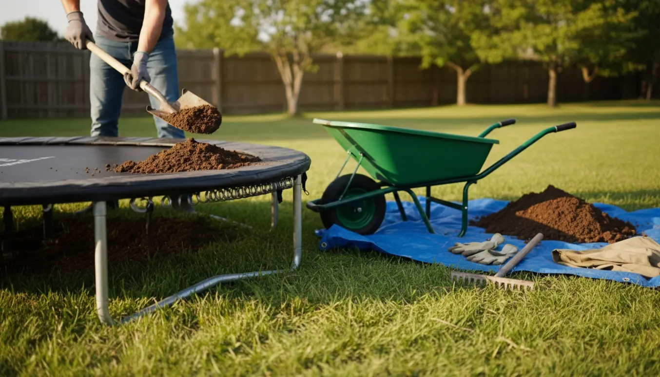 Person med skovl læsser jord fra en trampolin i en trillebør i en baghave.