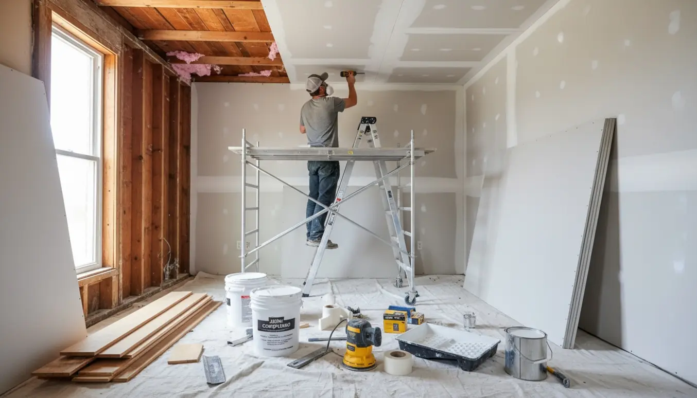 Et lille rum i renovering, hvor gammelt træloft er delvist fjernet og gipsplader monteres med værktøj og hvid maling klar.