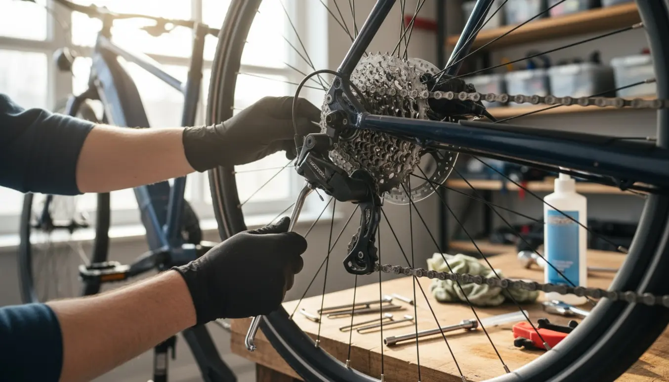 Nærbillede af en elcykel på værksted, hvor hænder justerer baghjulsgear og skivebremse.