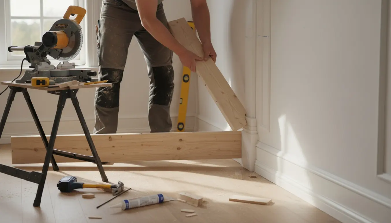 Håndværker monterer trælister og pyntelister i et lyst rum med værktøj og afkortede lister.
