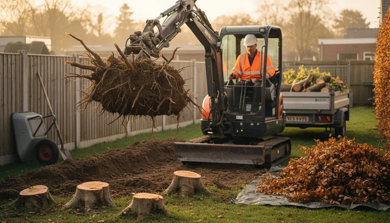 En mini gravemaskine graver stubbe og rodnet op i en have, operatøren ses bagfra.