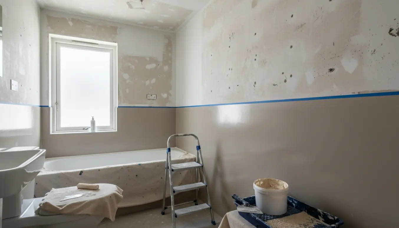 Lille badeværelse under renovering med silke-cement nederst, spartlede øvre vægge og en maler på en lille skammel.