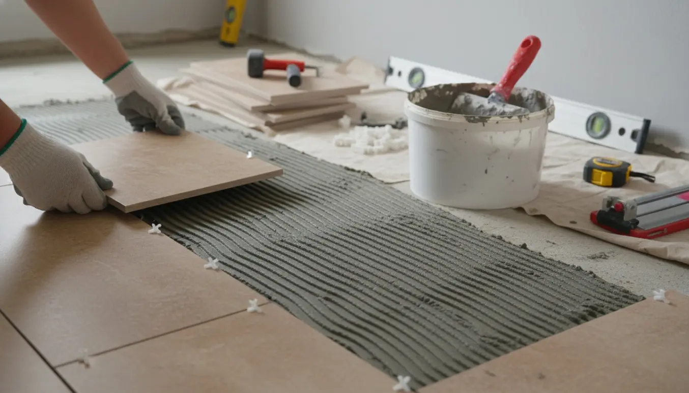 Hænder lægger gulvfliser i et lille rum med klæbemiddel og værktøj synligt.