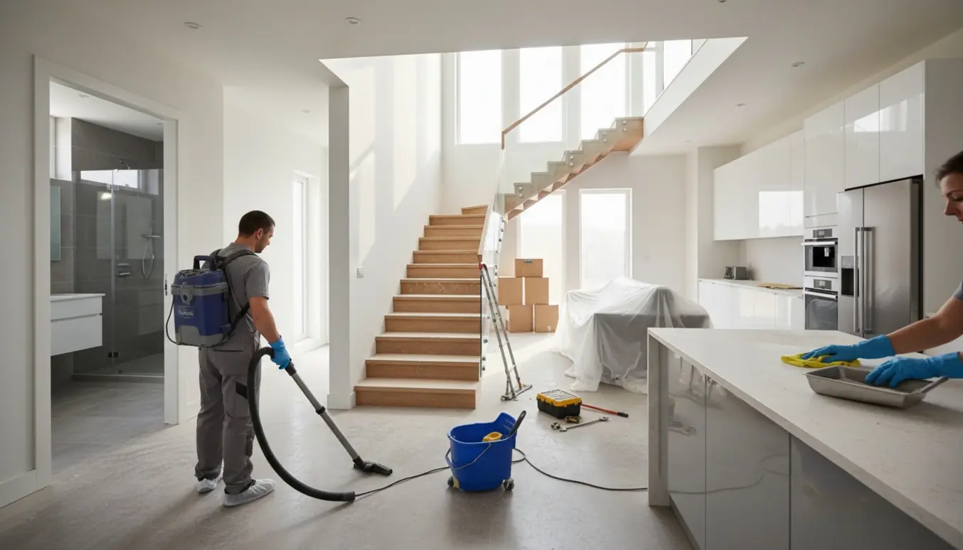 Indendørs foto af rengøring efter håndværkere i et lyst hjem med ny køkken- og badeinventar og en person, der støvsuger trappen.