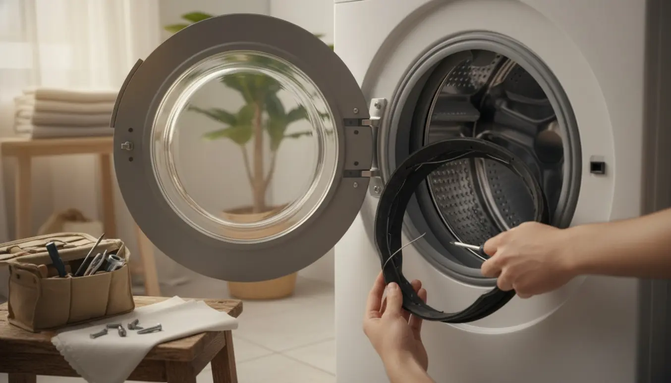 Hænder skifter en slidt dørbælg på en unavngiven frontbetjent vaskemaskine i et lyst vaskerum.