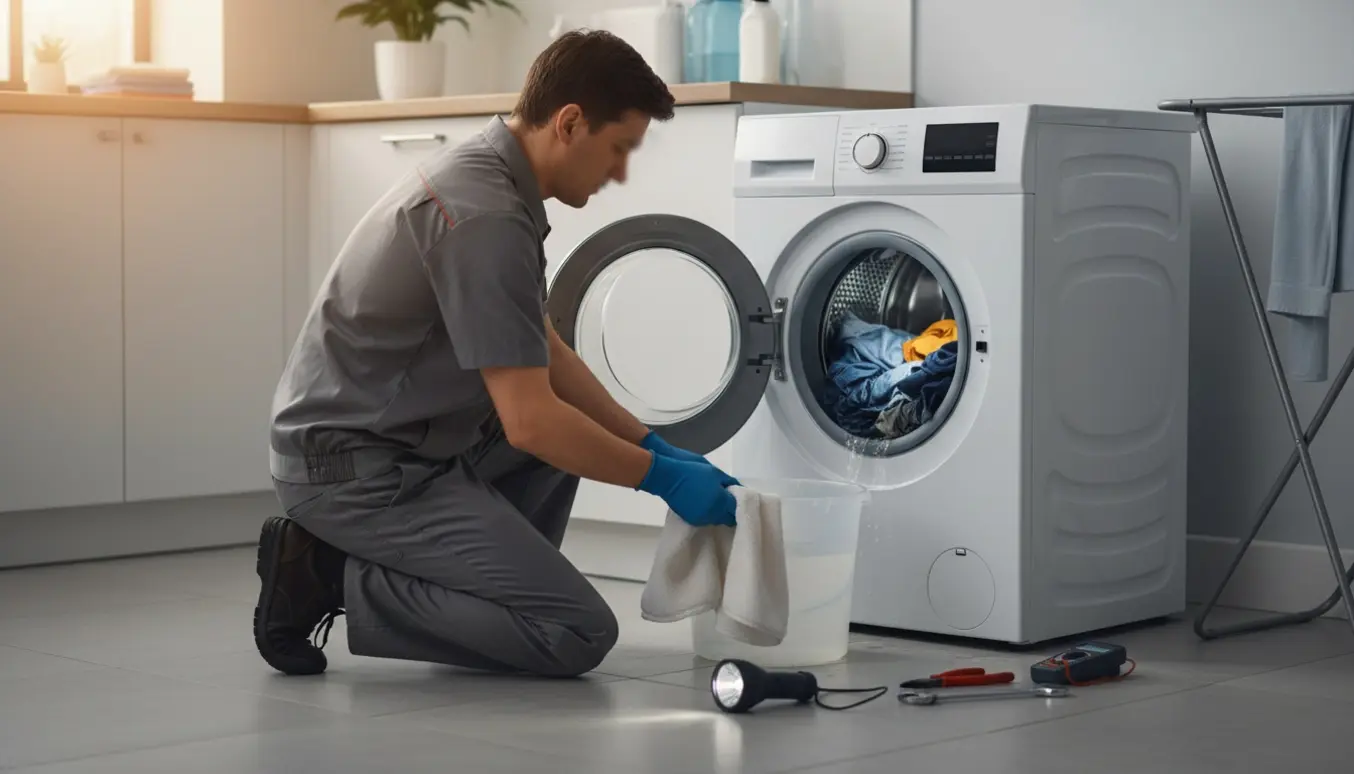 Tekniker tømmer vand fra en frontbetjent vaskemaskine med spand og værktøj.