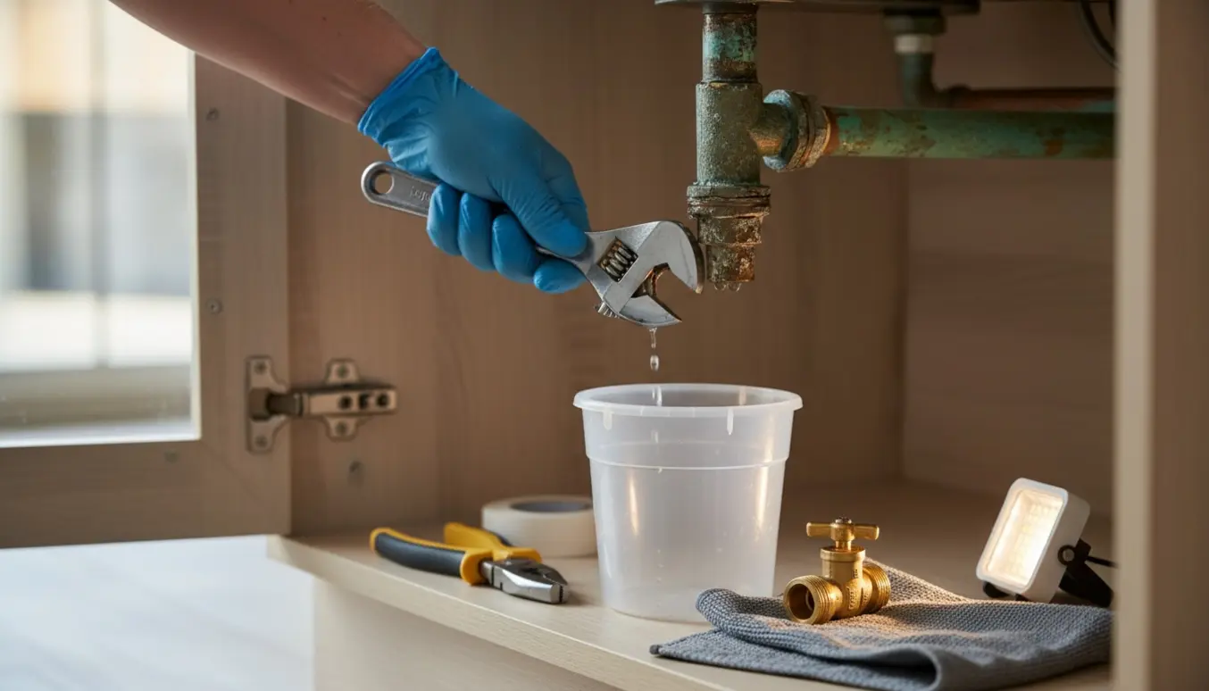 Hænder udskifter en stophane under en køkkenvask med nyt messingstop og værktøj.