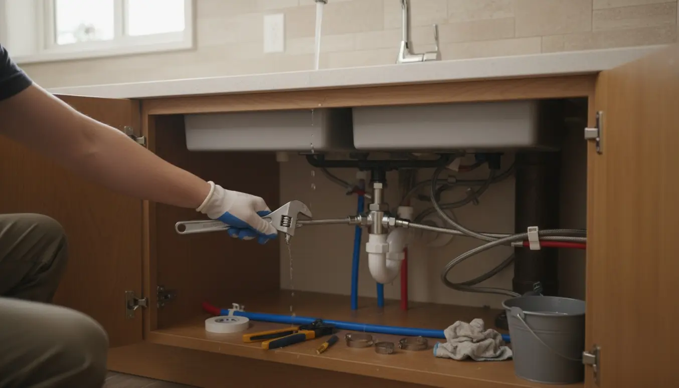 Åbent køkkenskab med nyt kromarmatur, PEX-rør, afløb og værktøj under montering, hænder i arbejde.