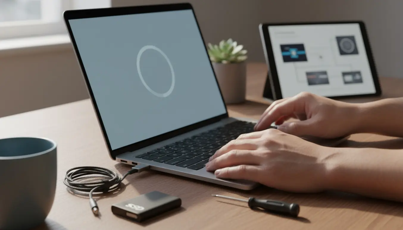 Hænder sætter en USB-nøgle i en bærbar computer på et ryddeligt skrivebord klar til nulstilling og geninstallation af Windows.