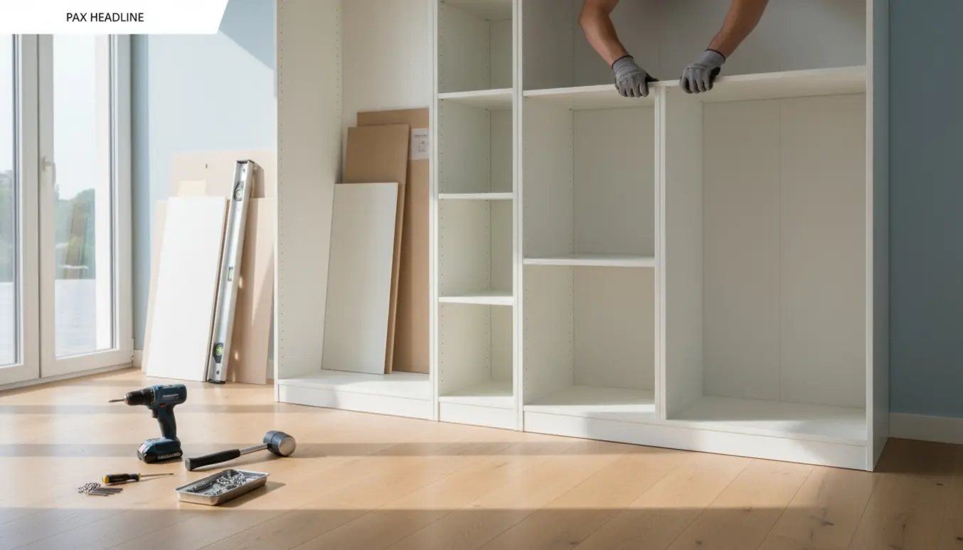 To åbne PAX-garderobeskabe uden låger står side om side, en hylde monteres mens værktøj ligger klar på gulvet.