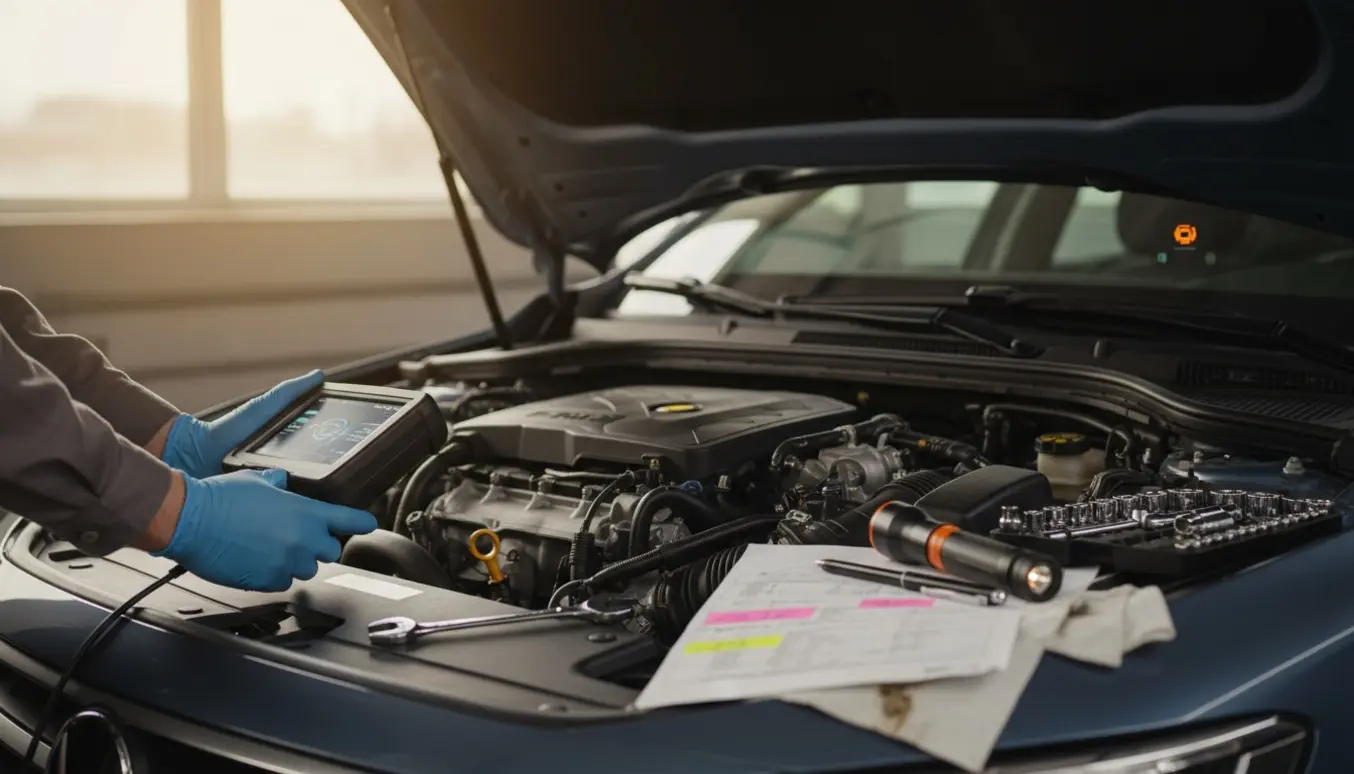 En mekaniker holder en OBD-scanner ved en åben motorhjelm, med en orange motorfejllys på instrumentbrættet og værktøj og fejlrapport ved siden af.