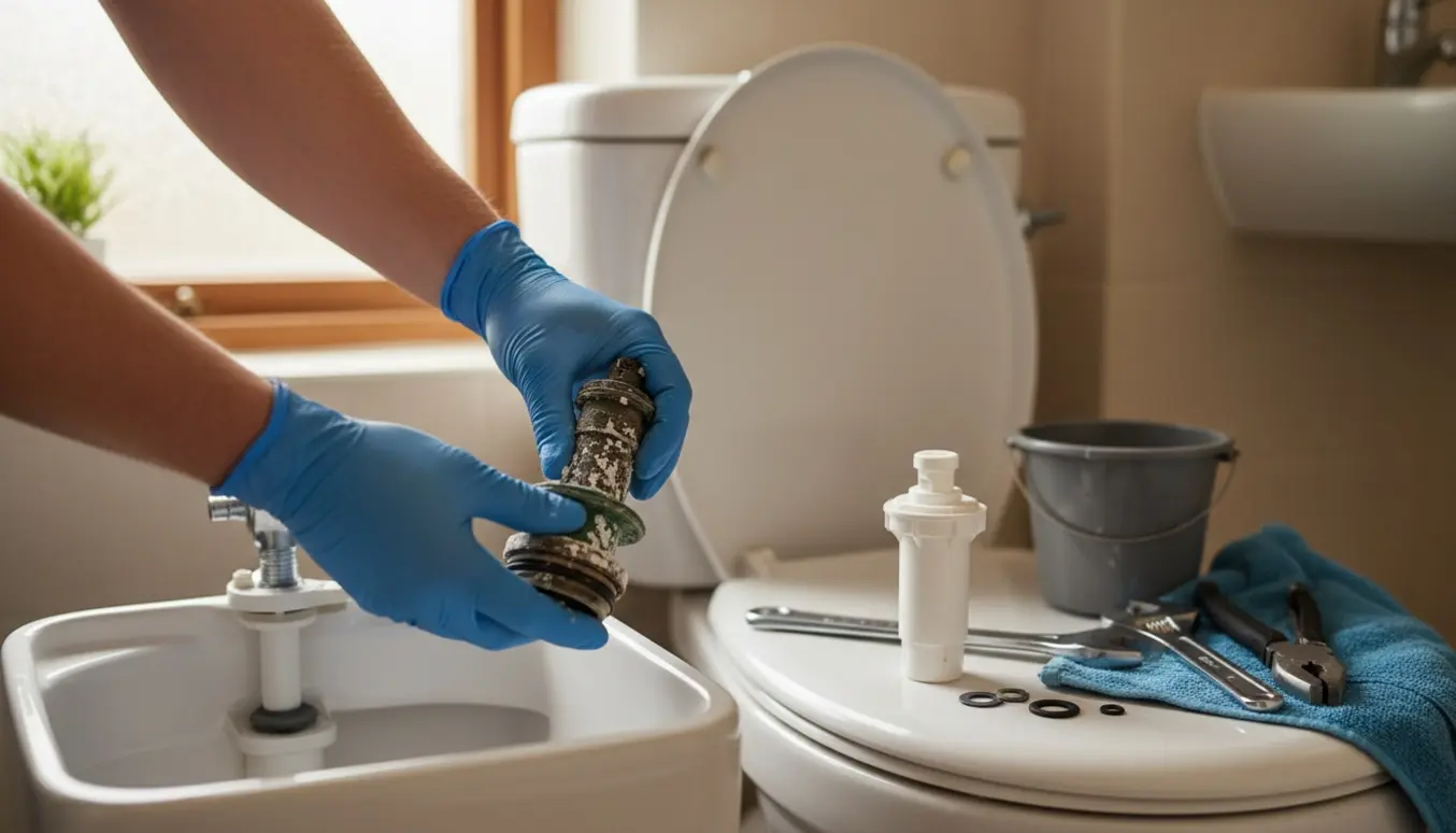 Hænder udskifter en kalket svømmerventil i et åbent toiletcisterne med værktøj ved siden af.