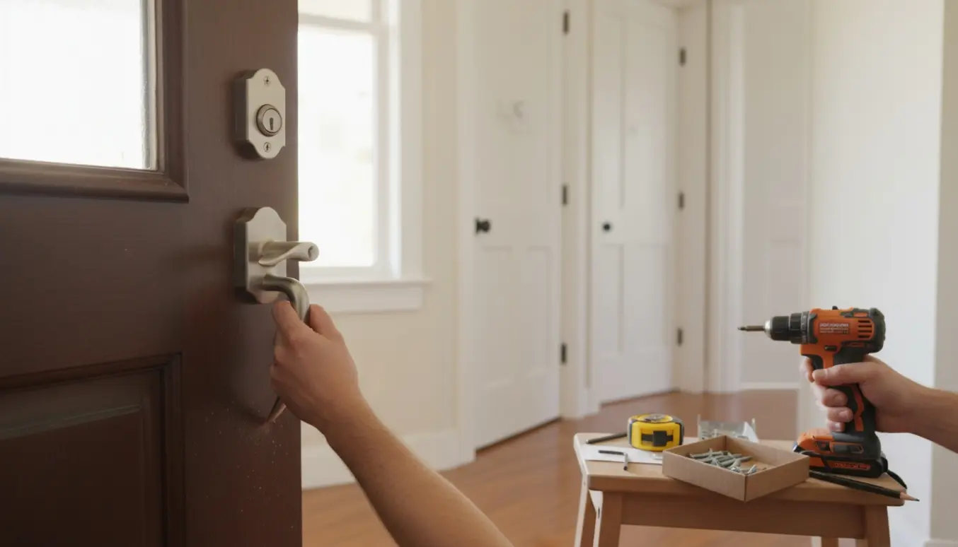 Nærbillede af hænder, der monterer dørhåndtag på tre døre i en lys gang.