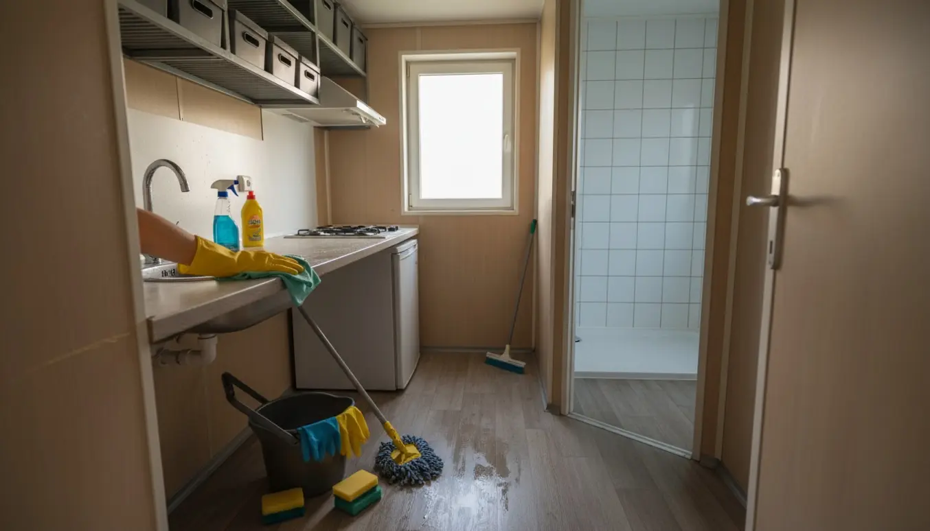 Indvendigt skurvogn på ca. 15 m² med rengøringsudstyr og handsker, hvor hænder pudser køkkenvasken.