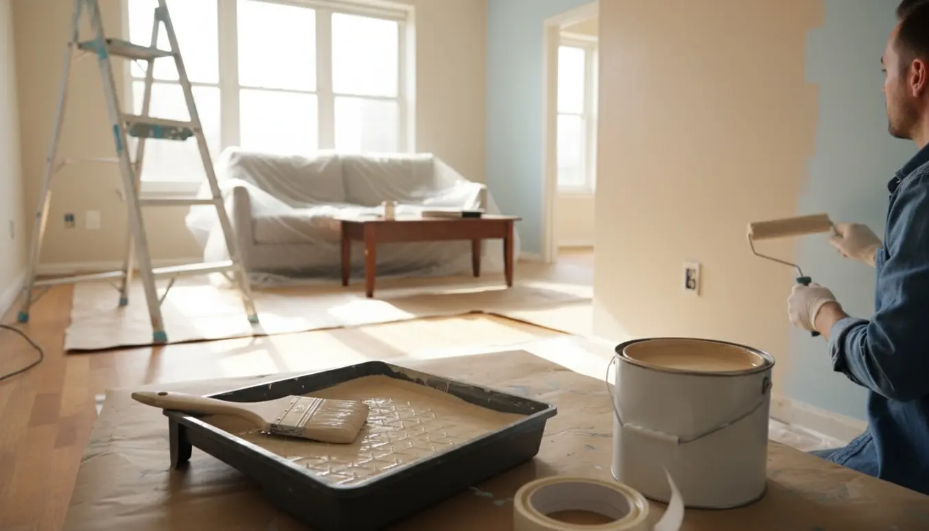 Halvmalet væg i en lys lejlighed med malerbakke, rulle og møbler dækket af beskyttelsesplast.