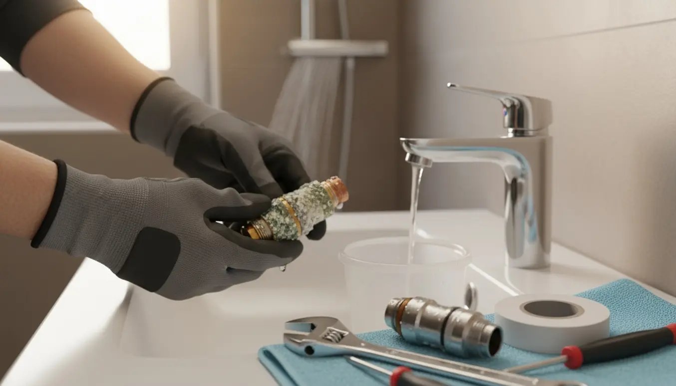 Hænder udskifter en korroderet armaturpatron ved badeværelsesvasken med værktøj og reservedele fremme.