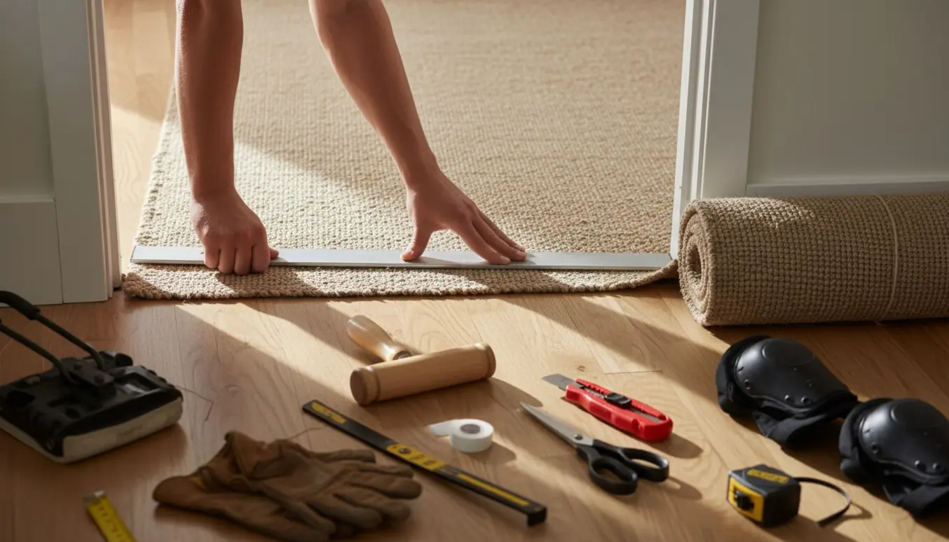 Et sisaltæppe lægges i en lille entré, med værktøj og det afrullede gamle tæppe ved siden af.
